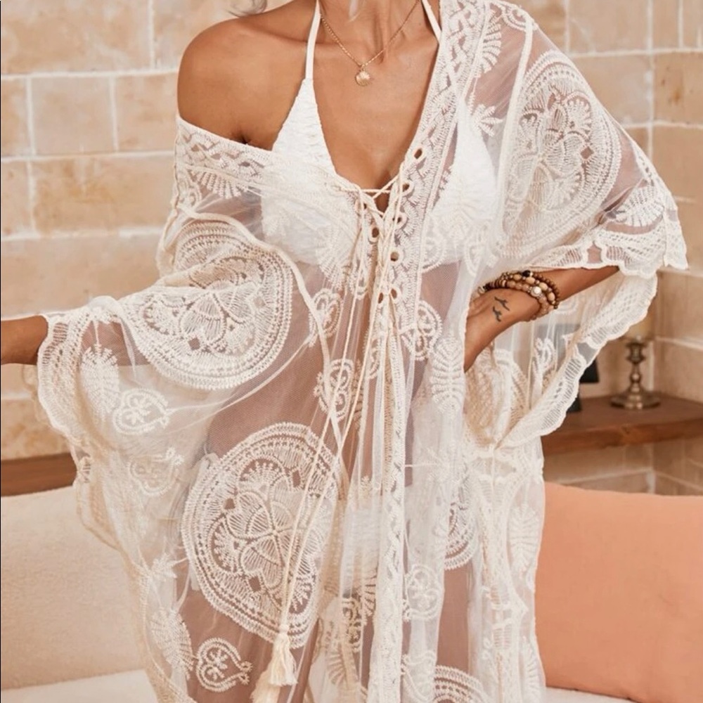 Embroidery lace up dress bikini cover-up beach summer transparent sexy lace up - Picture 2 of 7